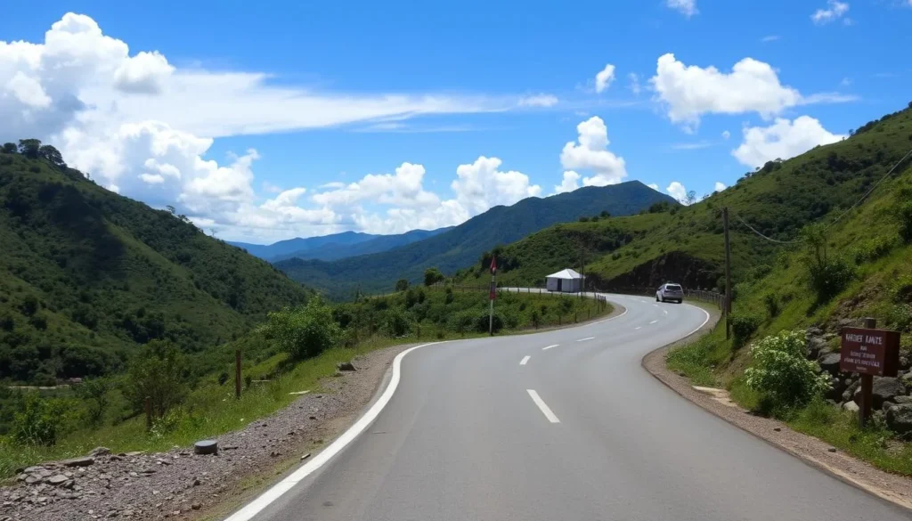 Road leading to Sierra de Agalta National Park entrance with mountain backdrop