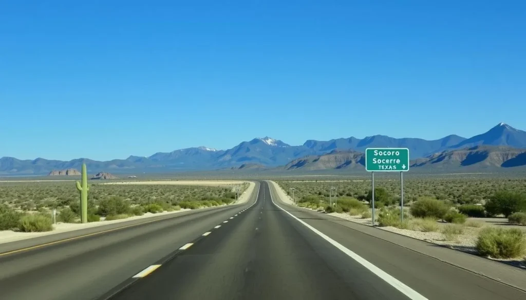 Road leading to Socorro with desert landscape and mountains in the background Road leading to Socorro with desert landscape and mountains in the background