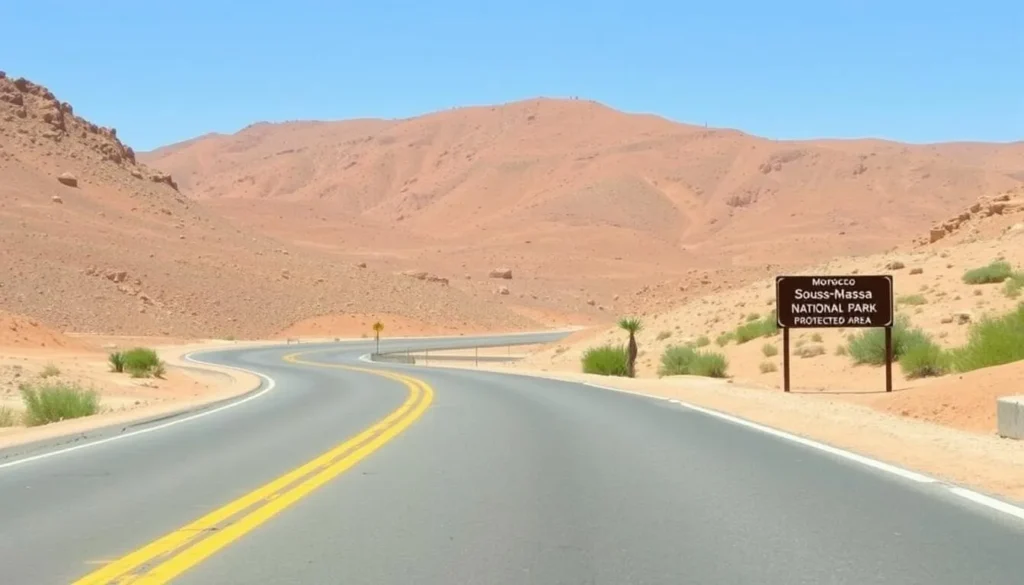 Road leading to Souss-Massa National Park entrance with signage and natural surroundings