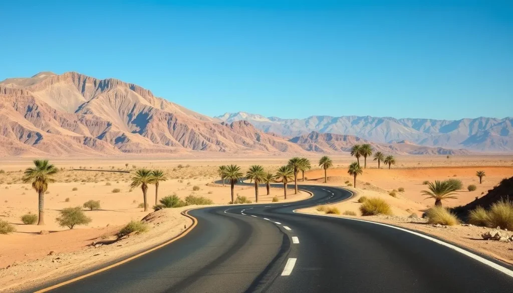 Road leading to Suq as-Sabt Awlad an-Nama, Morocco with Atlas Mountains in background