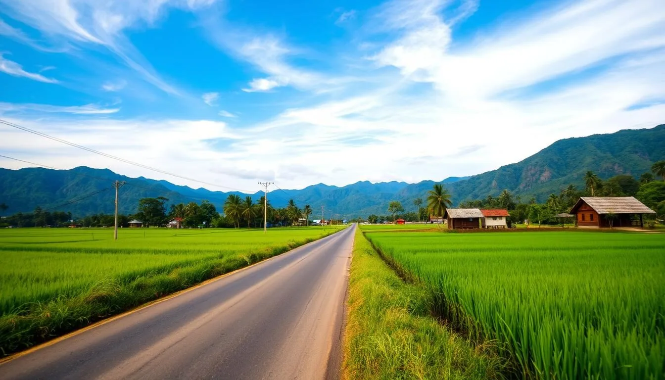 Road leading to Tha Ngon Lake with traditional Lao countryside scenery