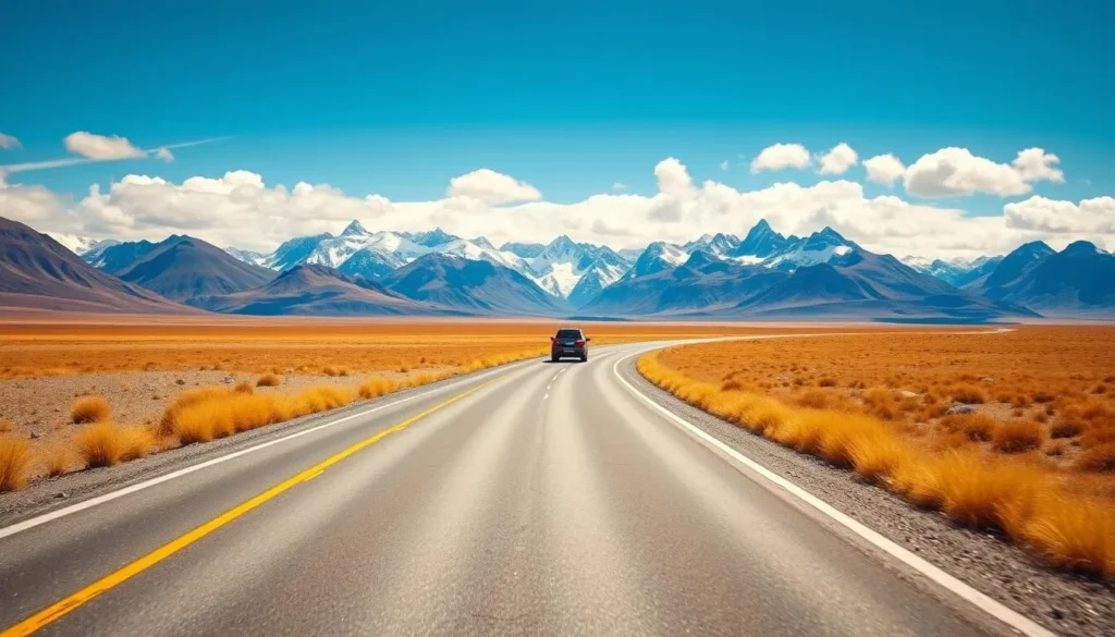 Road leading to Torres del Paine National Park with mountains visible in the distance and a car driving toward the entrance