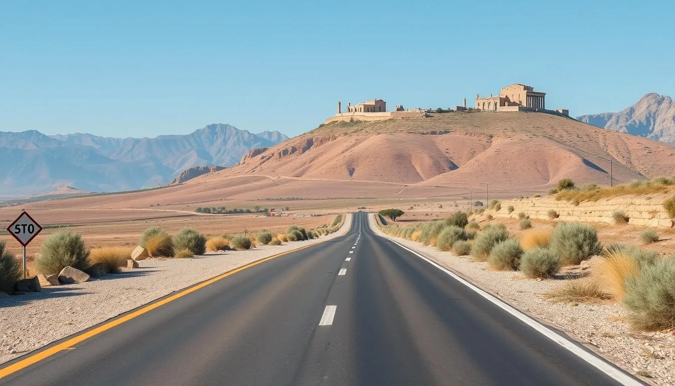 Road leading to Umm Qais with mountains in the background and the ancient city visible on the hilltop