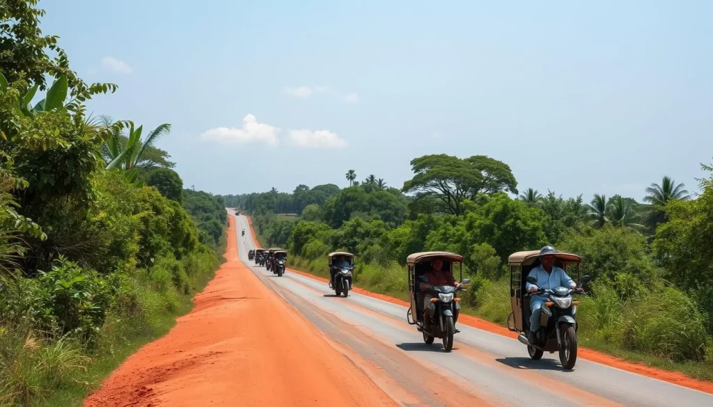 Road leading to Vangaindrano, Madagascar with typical transportation options visible