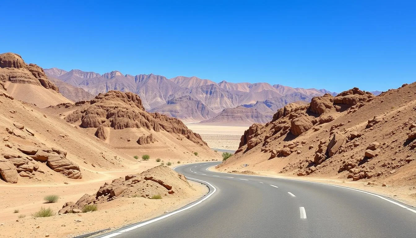 Road leading to Wadi Bani Khalid through mountains with desert landscape