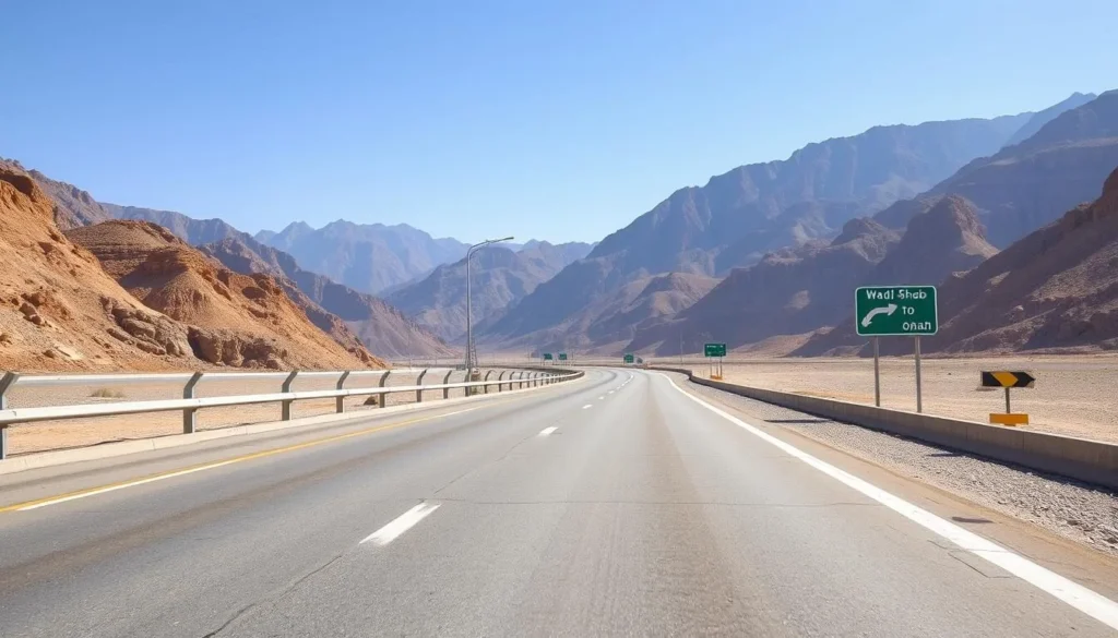 Road leading to Wadi Shab parking area with mountains in the background