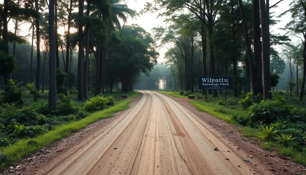 Road leading to Wilpattu National Park entrance with signage and surrounding forest