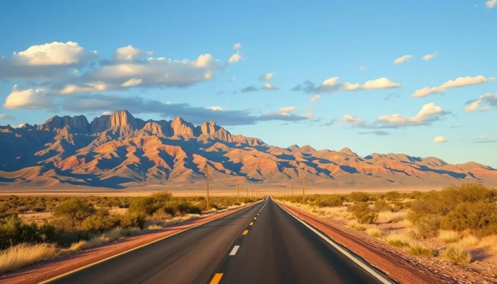 Road leading to the Rio Grande Wild and Scenic River entrance with mountain views in the background Road leading to the Rio Grande Wild and Scenic River entrance with mountain views in the background