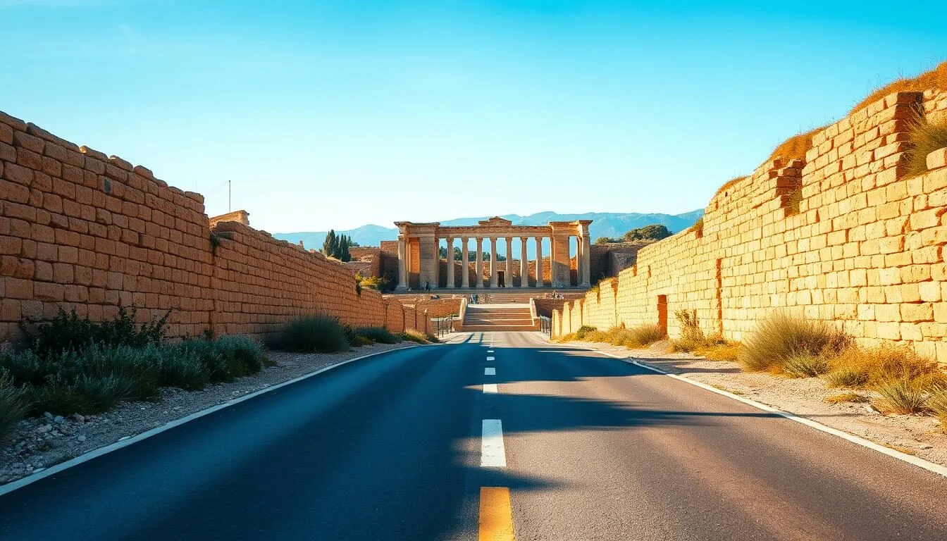 Road leading to the ancient city of Bosra, Syria with the Roman theatre visible in the distance