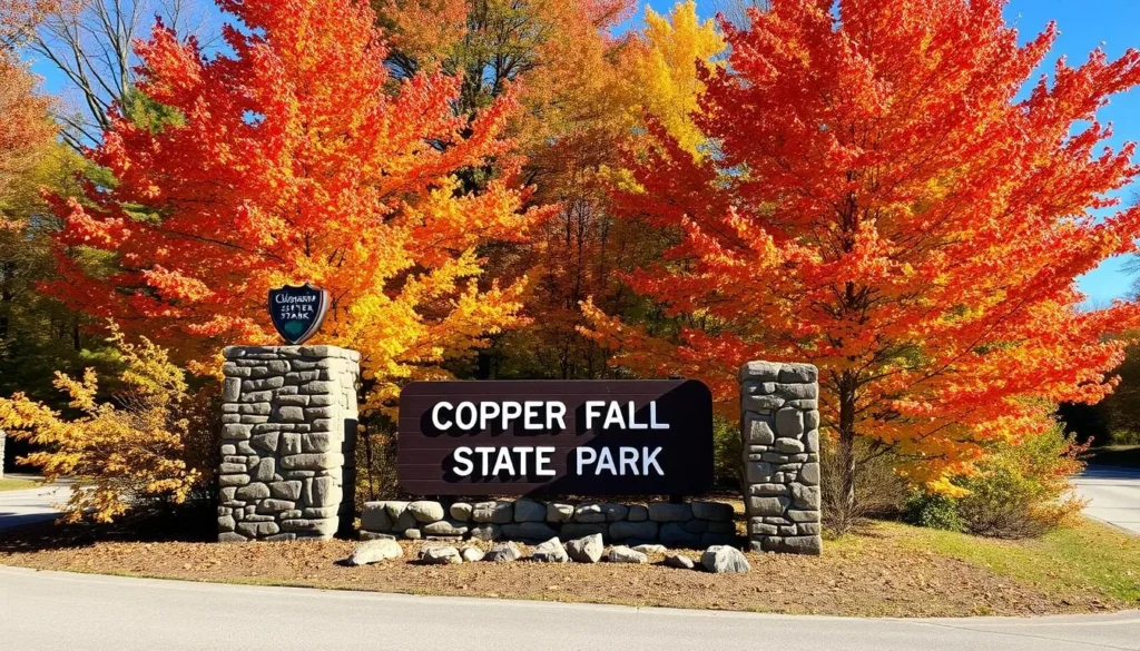 Road sign and entrance to Copper Falls State Park, Wisconsin with fall foliage