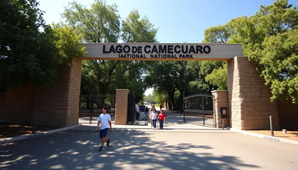 Road sign and entrance to Lago de Camecuaro National Park with visitors arriving