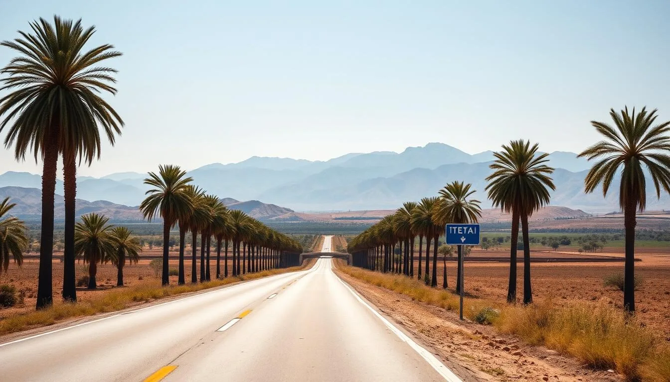 Road sign to Oulad Teima with palm trees and Atlas Mountains in background