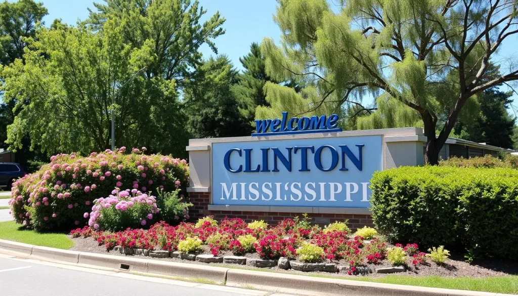 Road sign welcoming visitors to Clinton, Mississippi with lush greenery in the background, one of the best things to do is exploring the area
