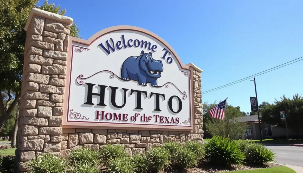 Road sign welcoming visitors to Hutto Texas with hippo mascot