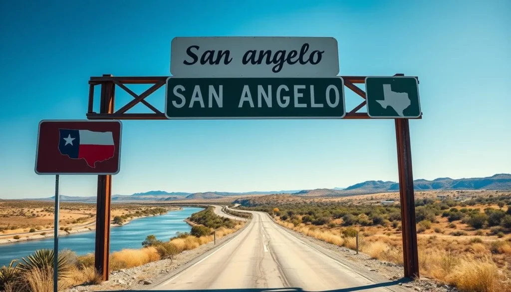 Road sign welcoming visitors to San Angelo Texas with the Concho River and landscape in the background