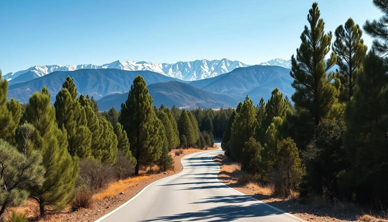 Road through cedar forests leading to Azrou, Morocco with mountains in background