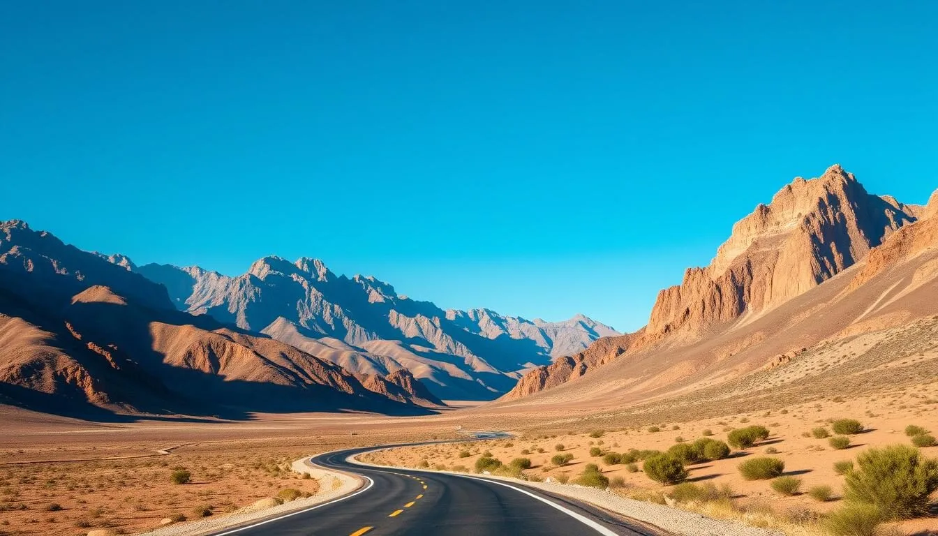 Road through mountains leading to Tinghir, Morocco with dramatic Atlas Mountain peaks in background