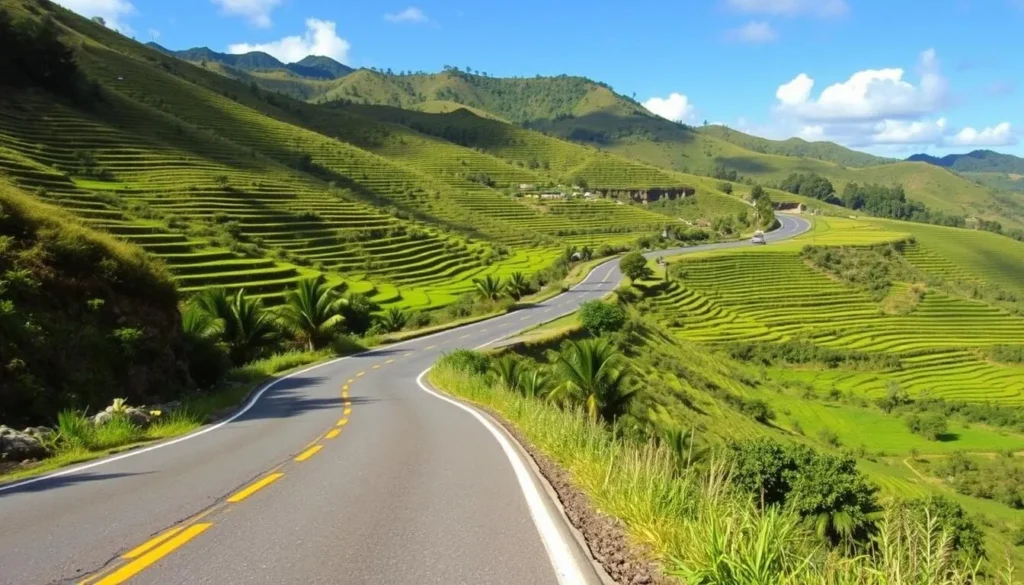 Road to Ambatondrazaka through Madagascar's highlands with rice terraces