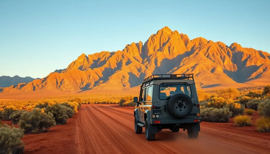 Road trip through Flinders Ranges National Park with a 4WD vehicle on a red dirt road with mountains in the background