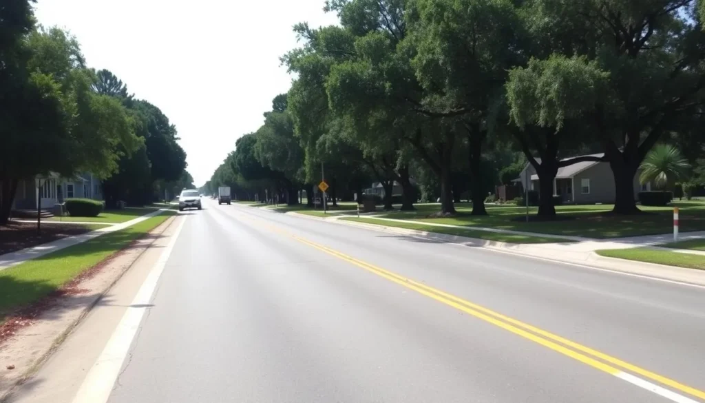 Road view of Yeamans Hall Road, a main thoroughfare in Hanahan, South Carolina