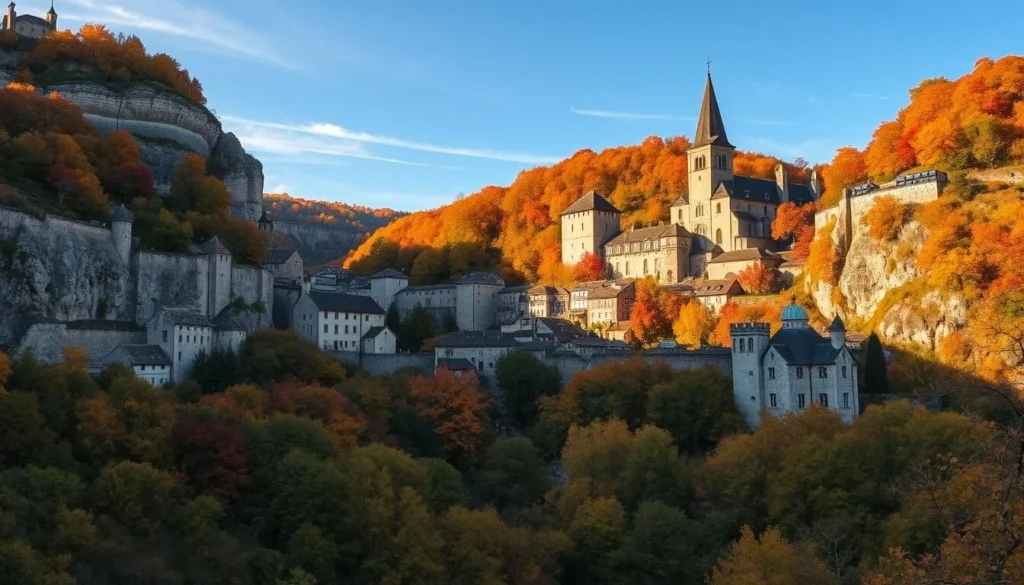 Rocamadour France in autumn with colorful foliage surrounding the medieval buildings on the cliff