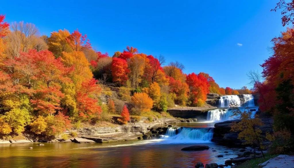 Rock Island State Park in autumn with colorful fall foliage surrounding Great Falls waterfall Rock Island State Park in autumn with colorful fall foliage surrounding Great Falls waterfall