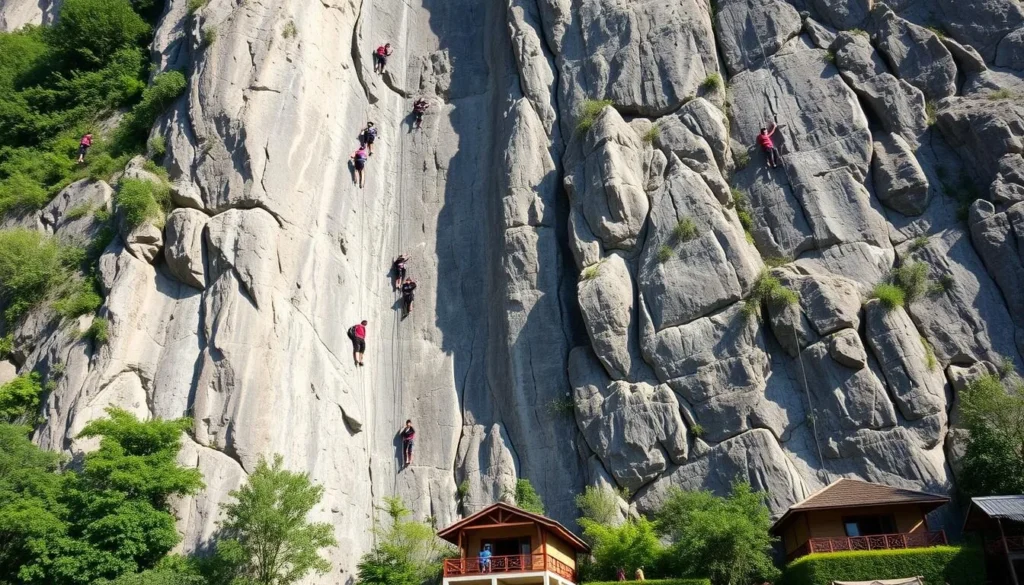 Rock climbers scaling limestone cliffs at Green Climbers Home near Thakhek