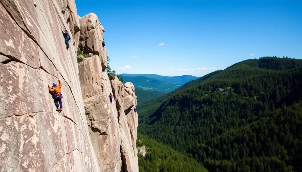 Rock climbers scaling the dramatic cliff faces at Smugglers Notch State Park