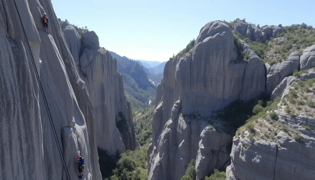 Rock climbers scaling the limestone cliffs at El Potrero Chico near Monterrey