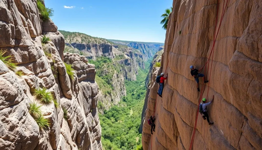 Rock climbers scaling the limestone cliffs in Limontitla Canyon at Grutas de Cacahuamilpa National Park