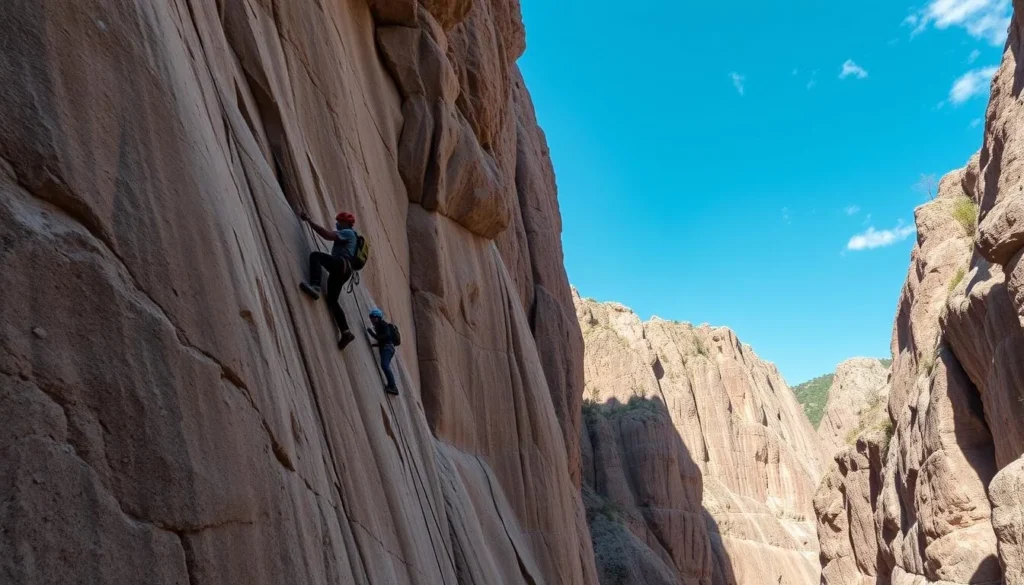 Rock climbers scaling the limestone walls in La Huasteca Canyon, Cumbres de Monterrey National Park