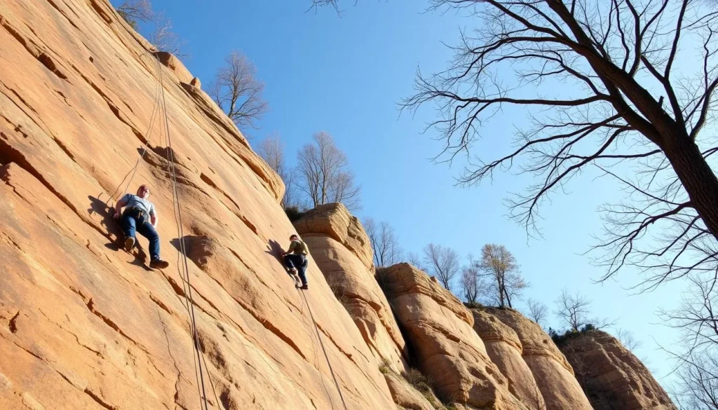 Rock climbing at Hocking Hills State Forest with climbers on sandstone cliff