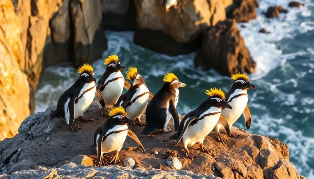Rockhopper penguins at Rockhopper Point on Sea Lion Island with dramatic cliff backdrop