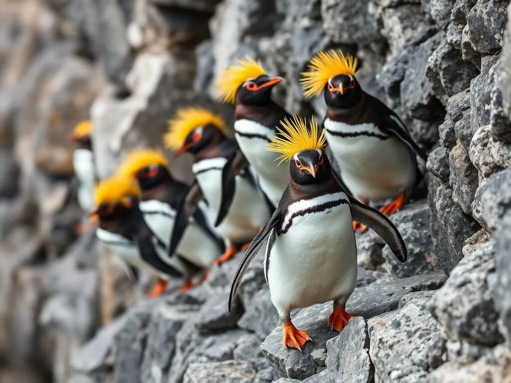 Rockhopper penguins climbing cliffs on Saunders Island, Falkland Islands