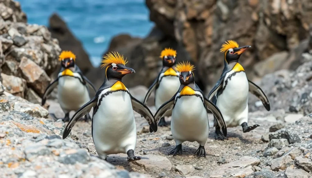 Rockhopper penguins navigating the rocky cliffs at Long Gulch, Bleaker Island