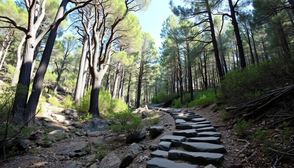 Rocky hiking trail through eucalyptus forest in El Tepeyac National Park
