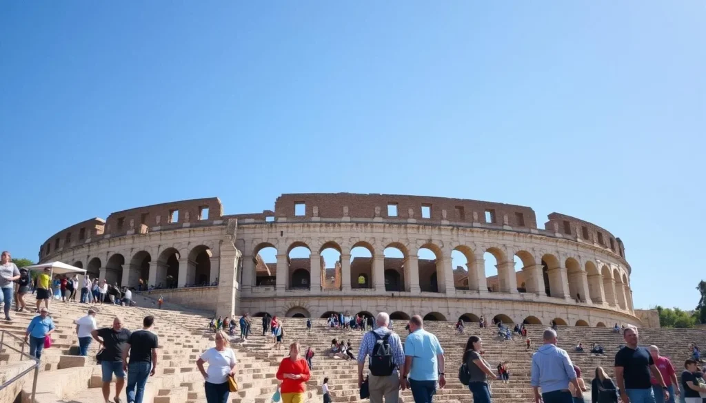 Roman Amphitheatre in Arles with visitors exploring the ancient structure under blue skies Roman Amphitheatre in Arles with visitors exploring the ancient structure under blue skies