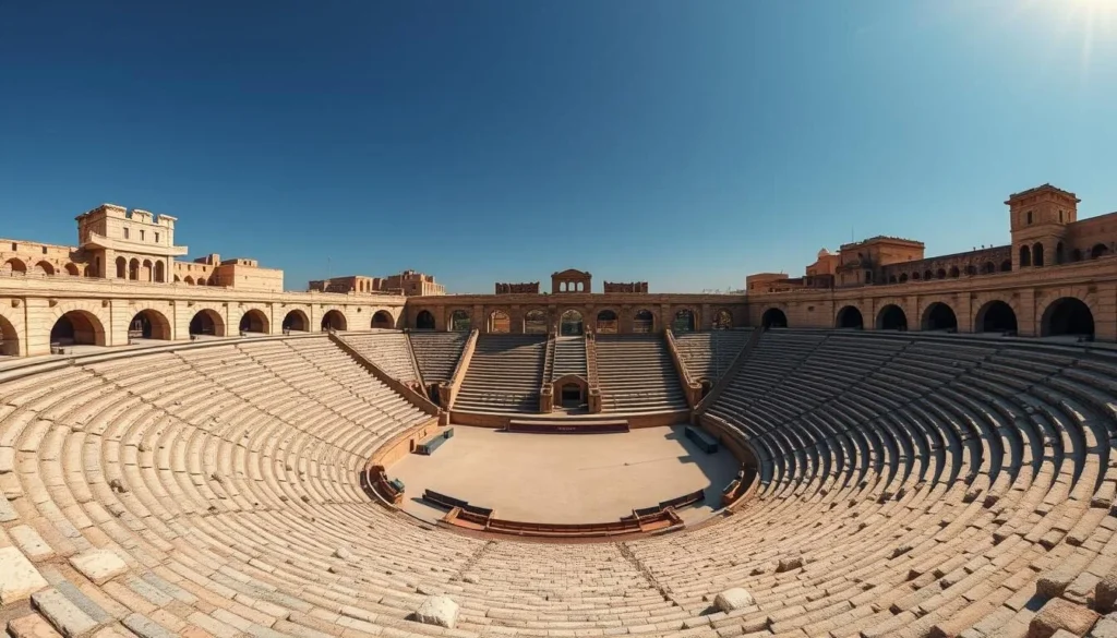 Roman Hippodrome ruins in Tyre, Lebanon showing ancient stadium seating and archways