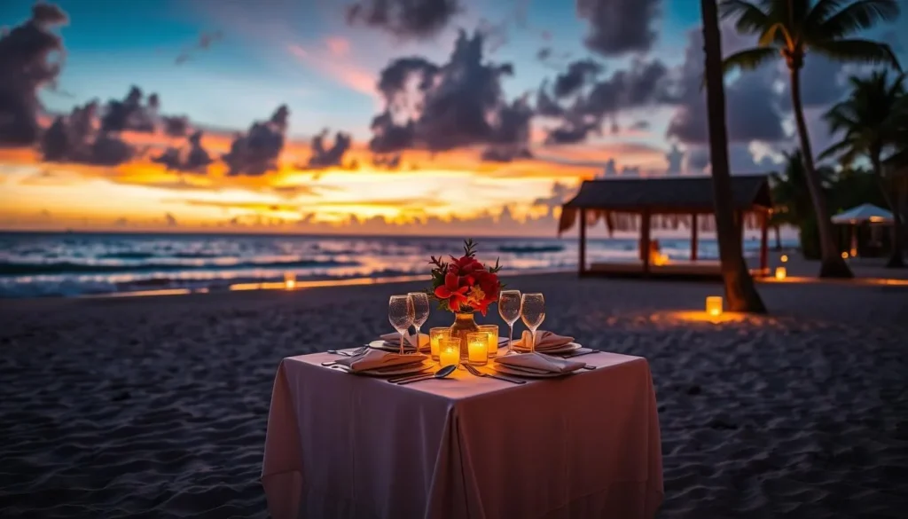 Romantic beachfront dining at sunset on Eagle Beach, Aruba