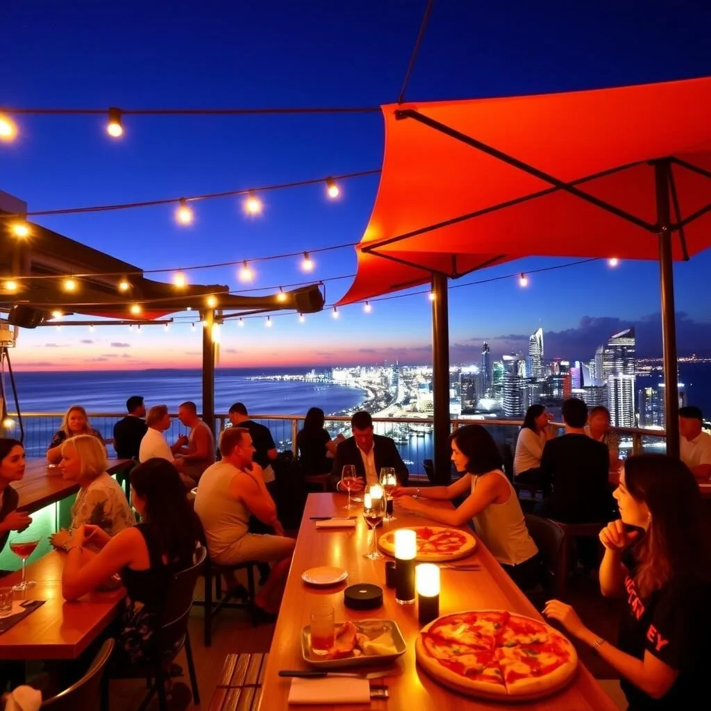 Rooftop bar and pizzeria at Justin Lane with views of Burleigh Heads
