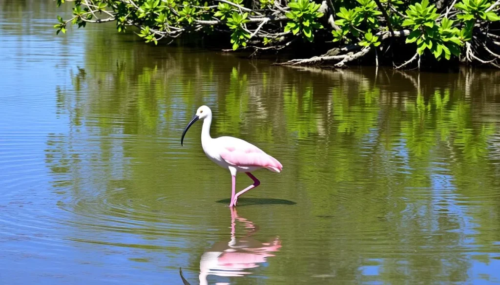 Roseate spoonbill wading in shallow waters at Estero Bay Preserve State Park Florida