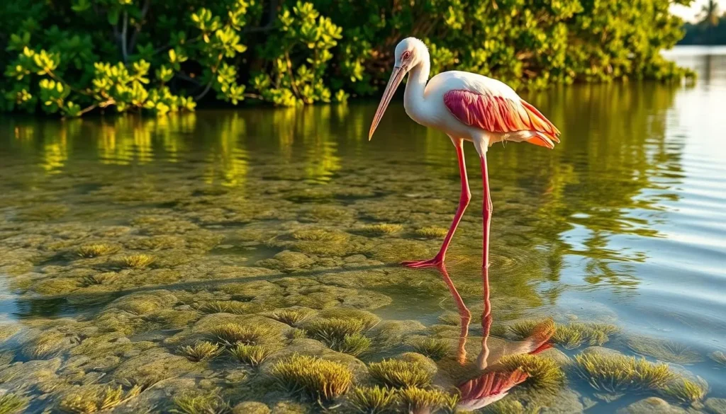 Roseate spoonbill wading in the shallow waters of Biscayne National Park, Florida Roseate spoonbill wading in the shallow waters of Biscayne National Park, Florida