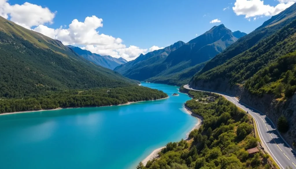 Route of the Seven Lakes scenic drive with crystal clear lake and mountain views