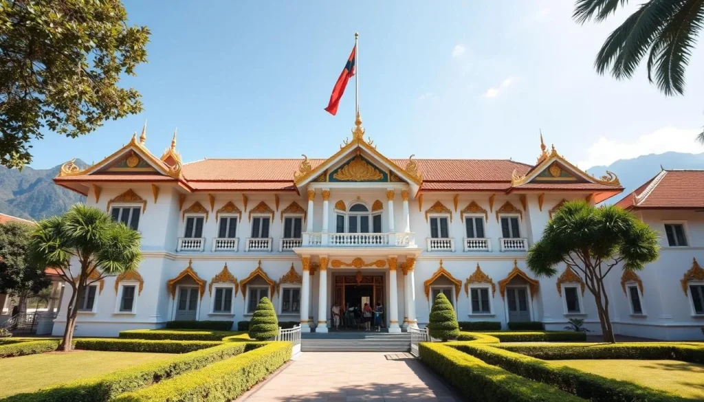 Royal Palace Museum in Luang Prabang with traditional Lao architecture and golden spires