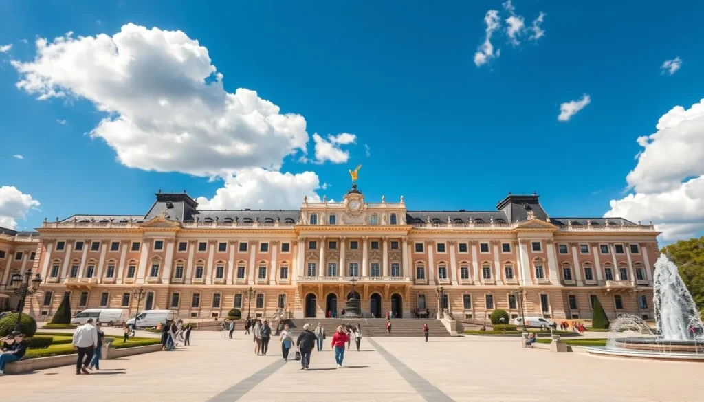 Royal Palace of Madrid with blue skies and tourists enjoying the plaza on a sunny day