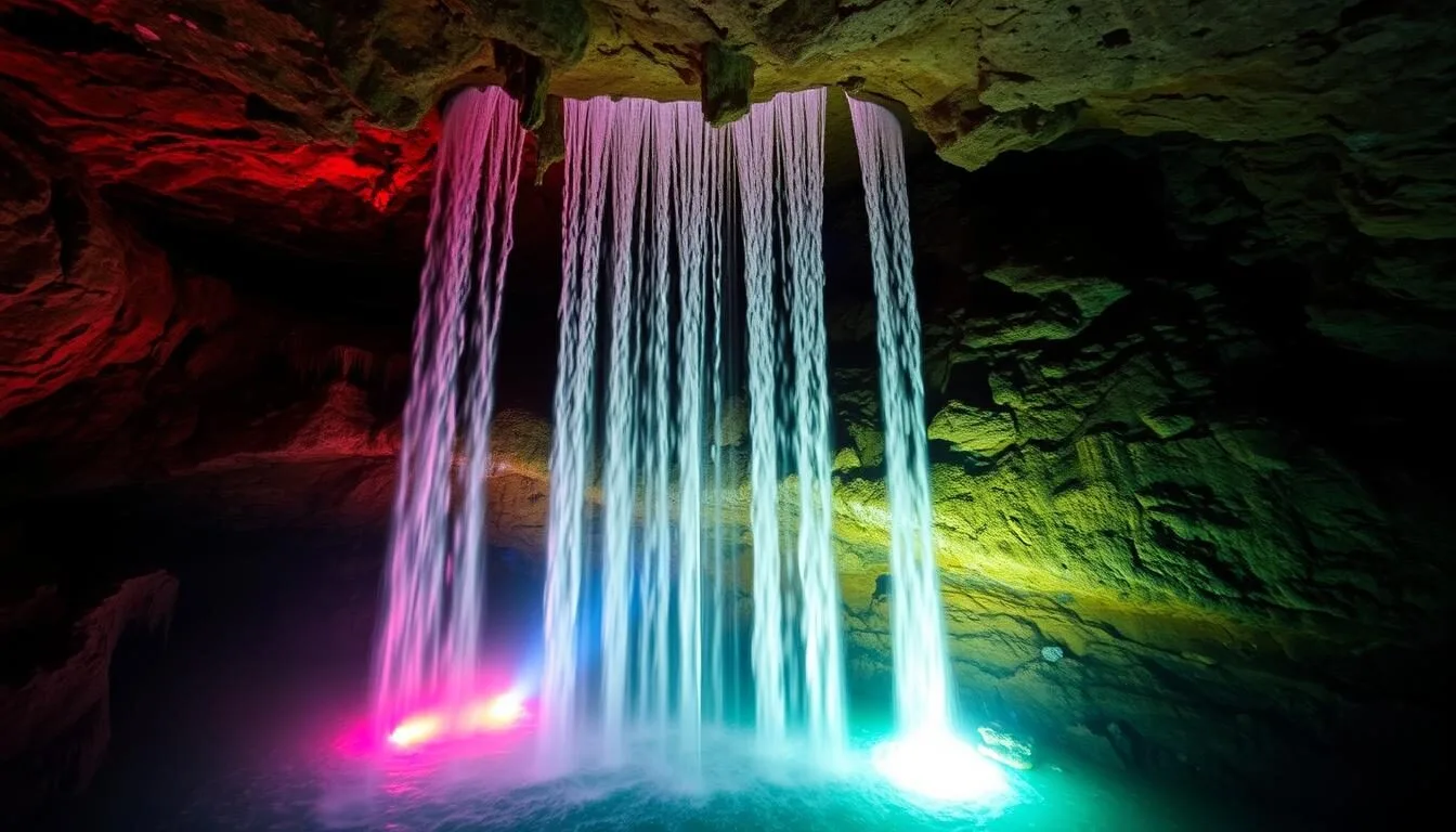 Ruby Falls, Tennessee underground waterfall illuminated with colorful lights
