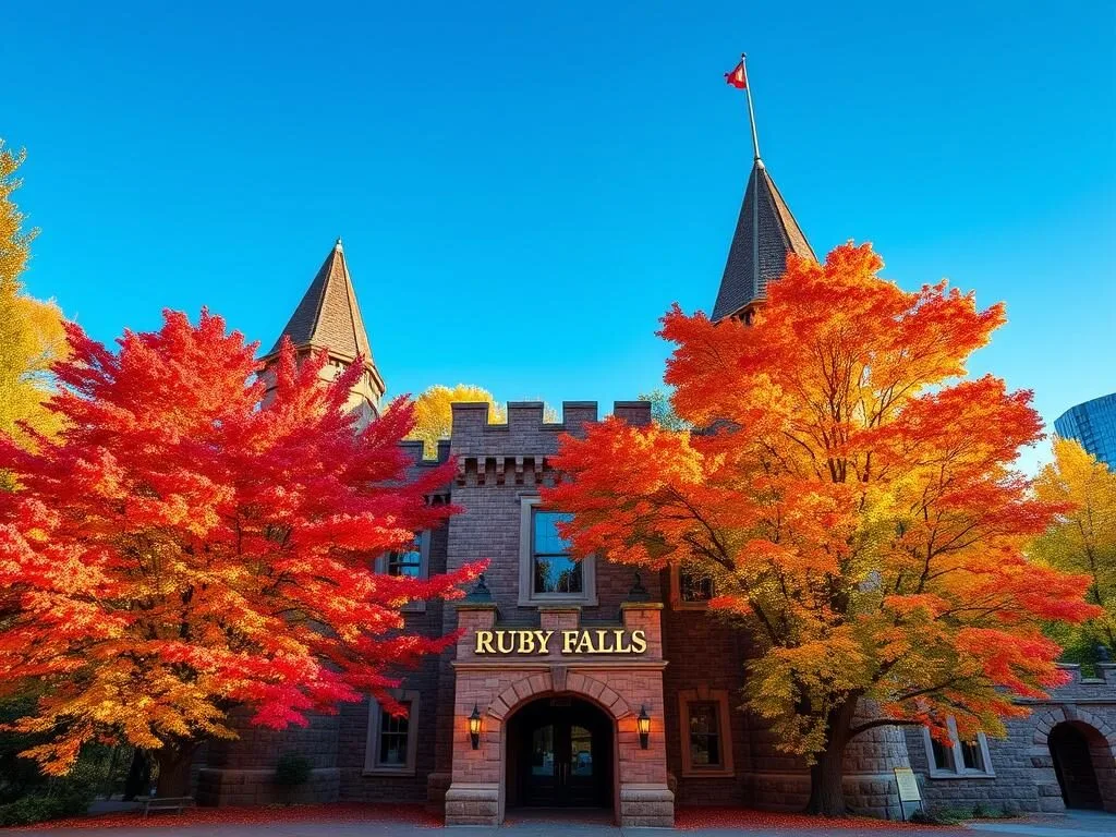 Ruby Falls entrance during fall with colorful autumn foliage
