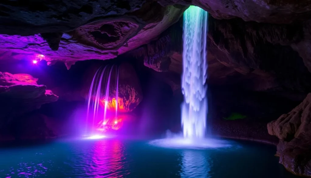 Ruby Falls waterfall illuminated with colorful lights in the underground cave