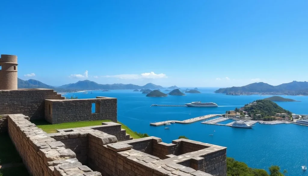 Ruins of Fort Louis with panoramic views of Marigot Bay and surrounding landscape