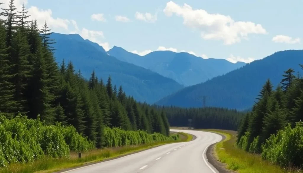 Rural road on Graham Island, Haida Gwaii, winding through lush forest with mountains in the background